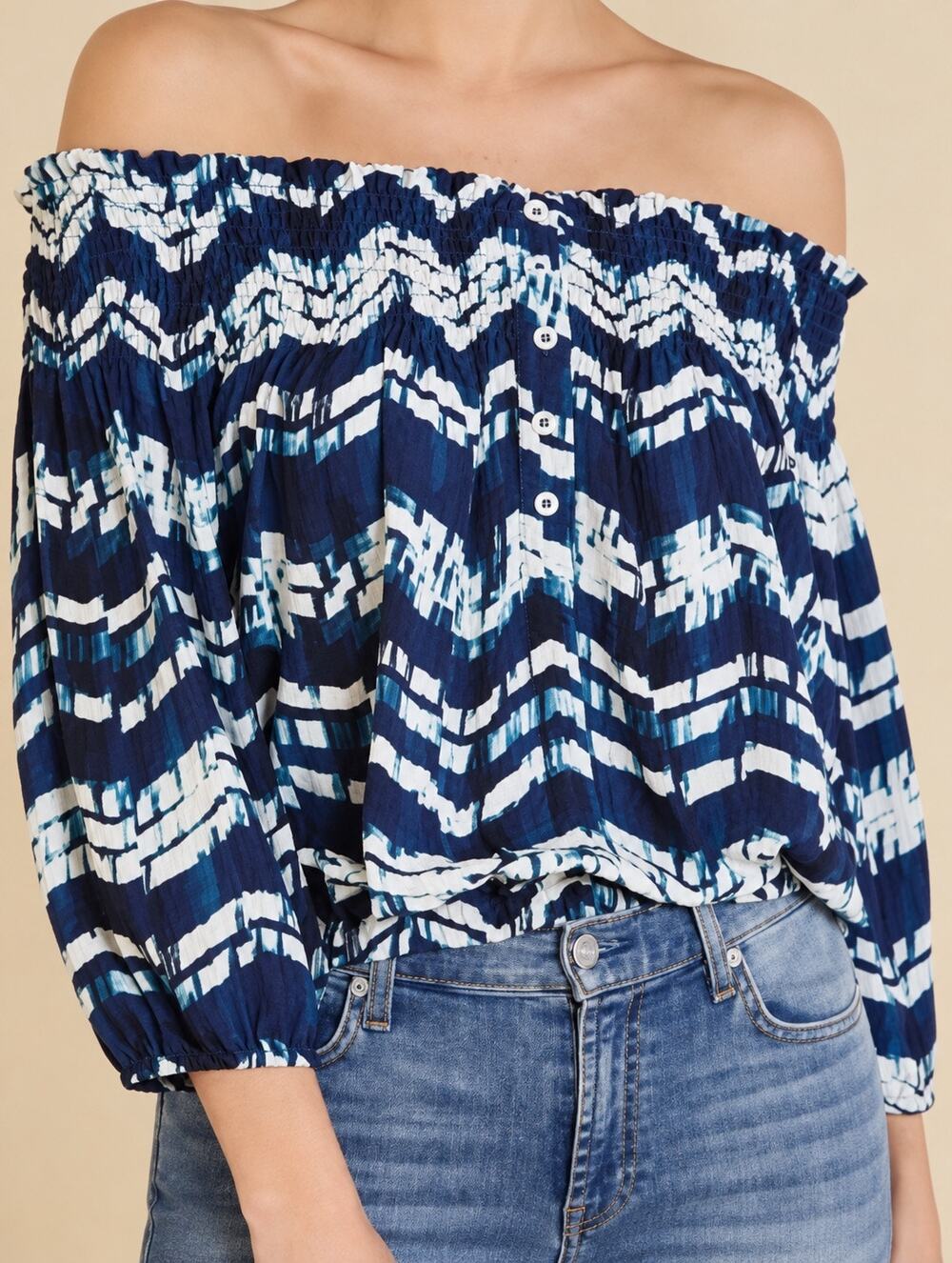 Allison Joy Womens Off Shoulder Blouse Blue White Size Extra Small XS